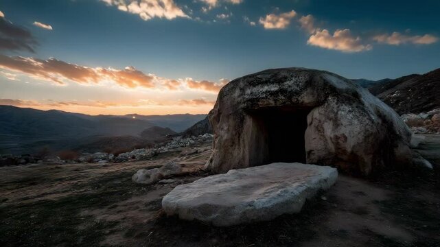 Desert landscape at sunset featuring a large rock shelter and a flat rock slab in front, sunburst over the horizon.