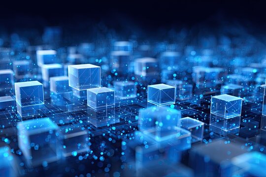 A futuristic, abstract digital cityscape with translucent cubes and glowing blue particles
