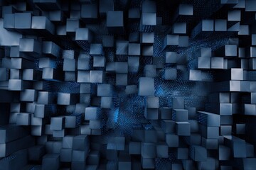 3D rendering of a dark blue cubic landscape, with varying heights and subtle light effects