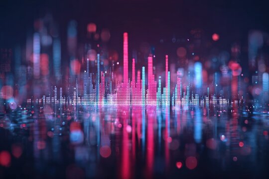 Abstract cityscape of sound waves in vibrant pinks and blues with blurred lights