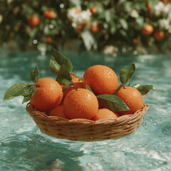 Fresh and Juicy Oranges in a Woven Basket Surrounded by Glimmering Water