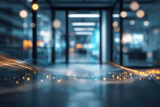 Low-angle office perspective; glowing lines and bokeh leading to blurred background