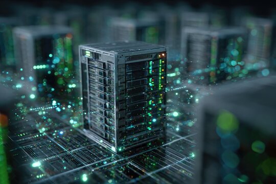 A digital depiction of data servers within a network, glowing with neon lights