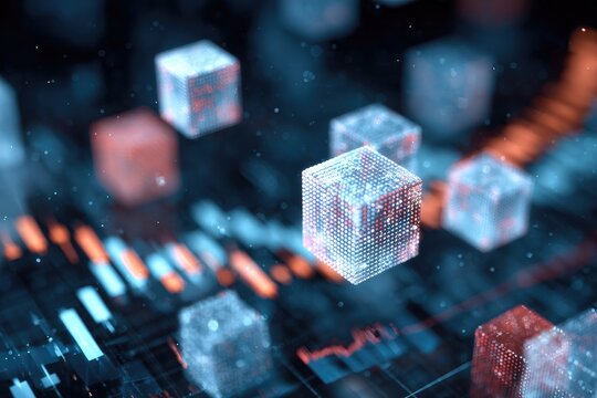 Conceptual graphic of glowing cubes amidst financial data, illustrating blockchain technology
