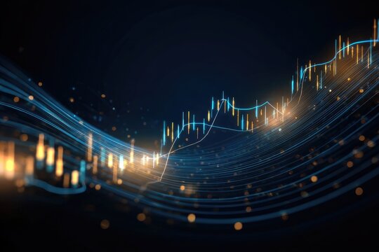 Abstract digital depiction of data charts and flowing lines on a dark blue background