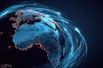Digital globe with illuminated cities and swirling data streams, portraying global connectivity