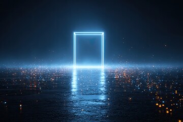 A glowing blue portal hovers above a dark, reflective surface, surrounded by scattered particles