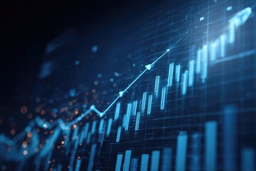 A digital rendering of a financial chart showing upward trends, bar graphs, and data visualization