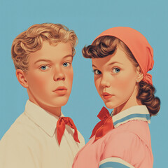 Vintage Children Portrait, Retro Style, Bright Colors, Classic Nostalgia Vibe, 1950s Aesthetic