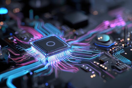 Detailed macro view of a computer processor and circuit board with flowing lines