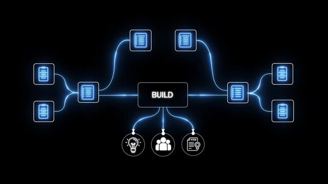 Business Build Concept Flowchart with Icons and Connections Keywords: build, business, concept, flowchart, diagram, strategy, planning, goals, ideas, teamwork, documents, data, connections