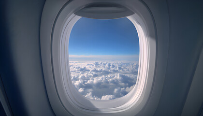 Airplane window with blue sky and clouds outside.