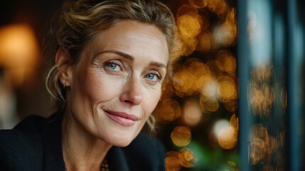 Content mature woman smiles gently, blue eyes looking directly, warm bokeh lights softly glow.