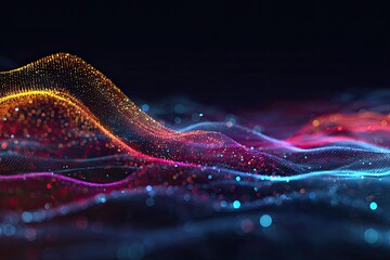 Abstract 3D illustration of flowing particles in vibrant orange, red, and blue against a dark backdrop