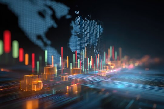 Digital illustration showing financial data with bar graphs and a blurred world map