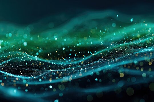 Abstract image with a shimmering, flowing wave of teal, green, and gold particles - Powered by Adobe