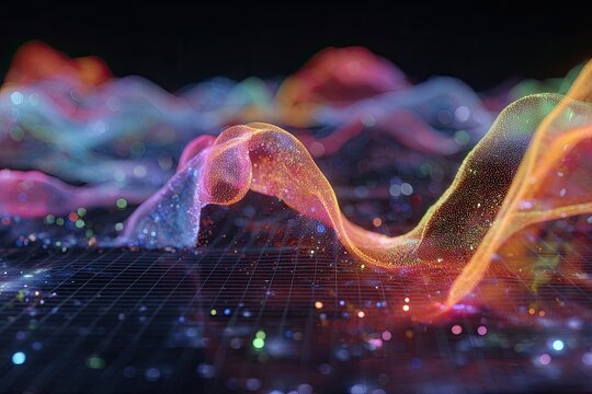 Abstract vibrant color streams undulate, overlaid on a subtle grid, with bokeh effects