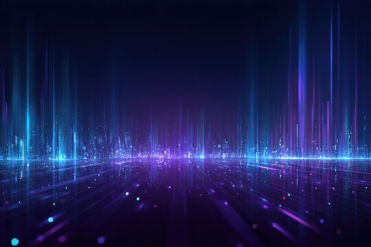 Futuristic abstract digital illustration featuring glowing vertical lines and sparkling particles
