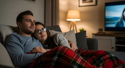 Fototapeta premium Cozy Night In: A couple shares an intimate evening, snuggling together on a comfortable sofa under a warm blanket, lost in a captivating movie scene.