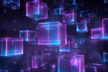 Floating translucent cubes glowing with violet and cyan light, embedded with particles, on a dark background