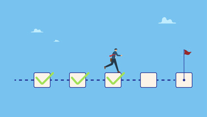 Businessman project manager running on completed checkbox to reach goal. Project management, task tracking or work progress, tracking finish or completed tasks, planning or productivity.