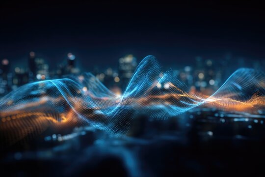 Digital abstract with undulating lines over a blurred cityscape at dusk