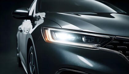 Close-up of a modern luxury car's front with illuminated LED headlights on a dark background.