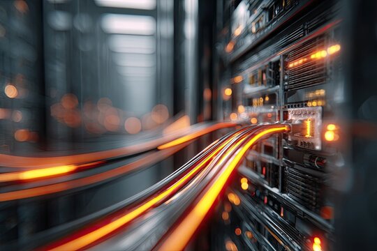 A blurred view inside a data center with rows of servers and illuminated cables