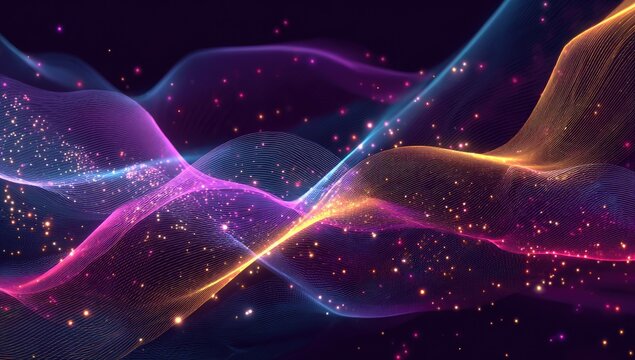 Abstract illustration of glowing wave-like forms with particles in various bright colors - Powered by Adobe