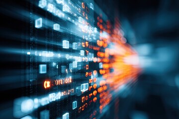 Abstract digital data visualization with glowing cubic forms and streaks of light