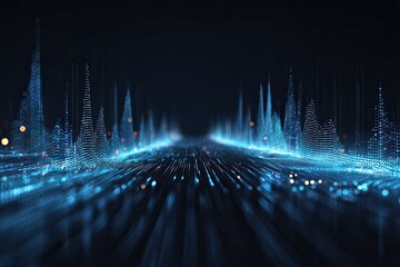 Abstract digital art featuring an illuminated road, with data-like structures flanking sides