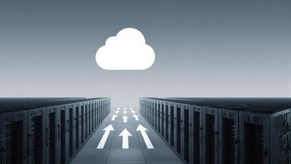 Server racks with arrows leading to a cloud icon, representing data upload and storage