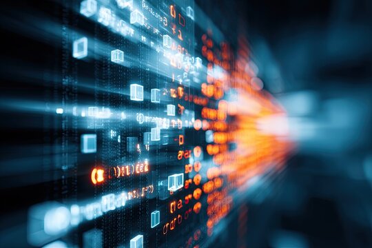 Abstract digital data visualization with glowing cubic forms and streaks of light