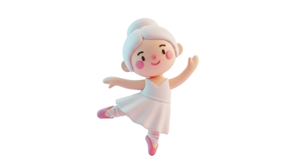 3D Cartoon Ballerina in White Dress and Pink Ballet Shoes.