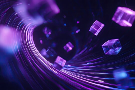 Abstract tunnel with glowing lines and translucent cubes in shades of purple and blue, dark background
