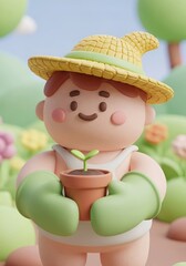 Adorable 3D Gardener Holding Sprout Cheerful Expression Pastel Colors Whimsical Scene.