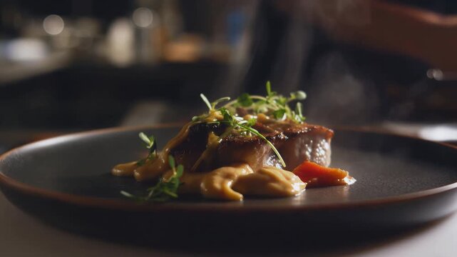 A beautifully arranged dish features tender meat topped with fresh herbs, set in a warm kitchen. The chef carefully enhances the plate with a finishing touch, showcasing culinary craftsmanship
