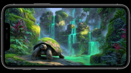 Smartphone displays fantastical landscape featuring a turtle in front of waterfalls