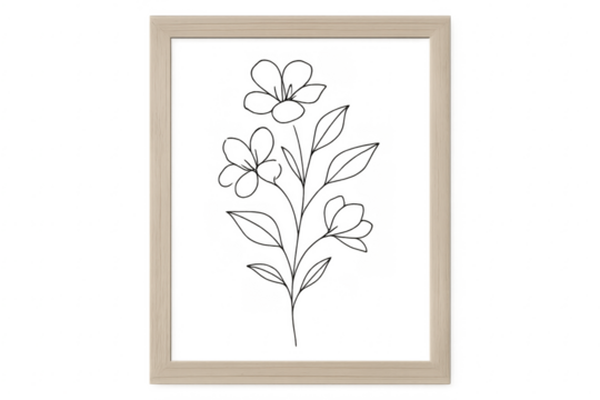 Minimalist botanical line art drawing in wooden frame