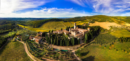 Italy, wine region Chianti in Tuscany, View of medieval village and abbey Badia in Passignano famous for his wine Chianti Classico