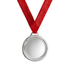 Shiny Silver Medal Hanging from Red Ribbon - Professional Award Winning Concept