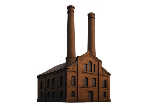 Old brick factory building with two tall smokestacks, industrial architecture, and historic manufacturing facility