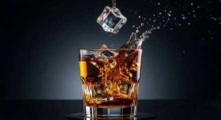 Whiskey on the rocks with splashing ice cube, dark moody still life, luxury beverage concept.