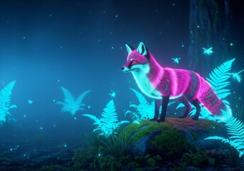 Glowing neon fox in a bioluminescent forest with cinematic light, mist, and vivid colors, perfect for fantasy, nature, and creative design content.
