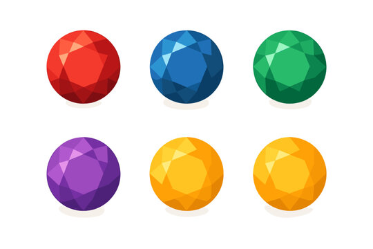 Six colorful round faceted gemstones isolated on a white background showcasing various jewel colors and brilliant cuts