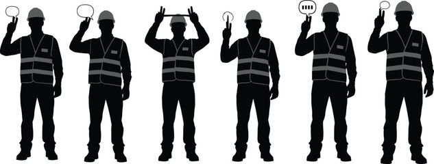 Silhouette vector illustration of construction workers with safety helmets holding communication symbols, teamwork, collaboration, safety, agreement, coordination, expression, and industry