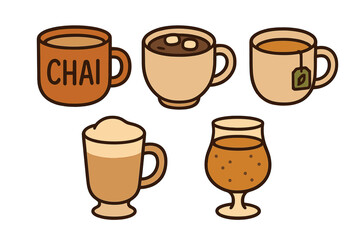 Obraz premium Collection of cozy warm beverages including chai, hot cocoa, herbal tea, and frothy coffee drinks