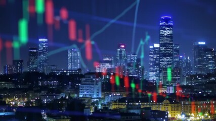 Night City Skyline with Financial Market Overlay - Powered by Adobe