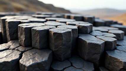 Geometric rock formations in hexagonal patterns, creating a textured, abstract natural landscape that evokes a sense of geological wonder and the raw beauty of the earth's surface