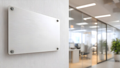 Blank metal sign mockup on a white wall in a modern office interior.